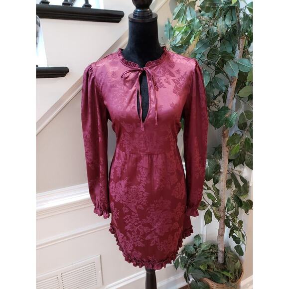 Speechless Womens Burgundy Floral Drawstring Long Sleeve Knee Length Dress Large - Picture 1 of 13
